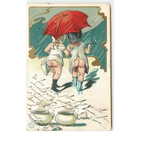 n°16097 - Enfants marchant sous un parapluie sous la pluie - Pot de chambre