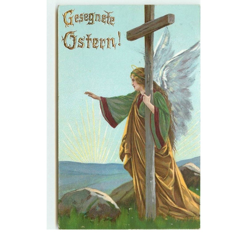 n°16107 - Gesegnete Ostern - Mailick ? - Ange Gardien près d'une croix en bois regardant le lever su soleil