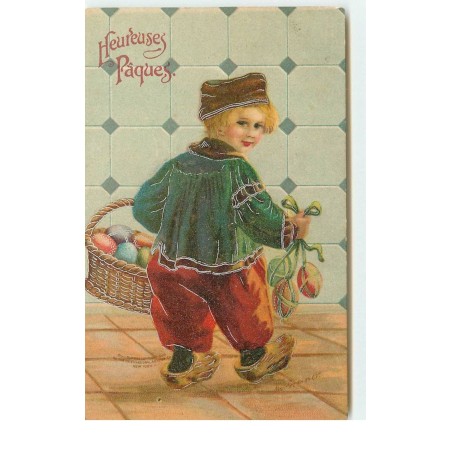 n°16109 - Heureuses Pâques - Clapsaddle - Enfant en sabot portant un panier rempli d'oeuf