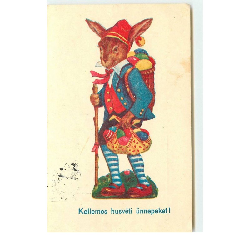 n°16110 - Kellemes husvéti ünnepeket - Lièvre habillé portant des oeufs colorés