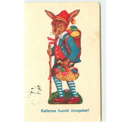 n°16110 - Kellemes husvéti ünnepeket - Lièvre habillé portant des oeufs colorés