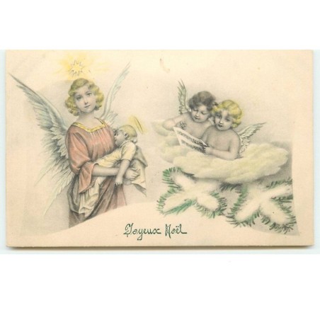 n°16111 - V.K. Viene n°5037 - Joyeux Noël - Ange gardien portant dans ses bras un bébé, et deux anges lisant