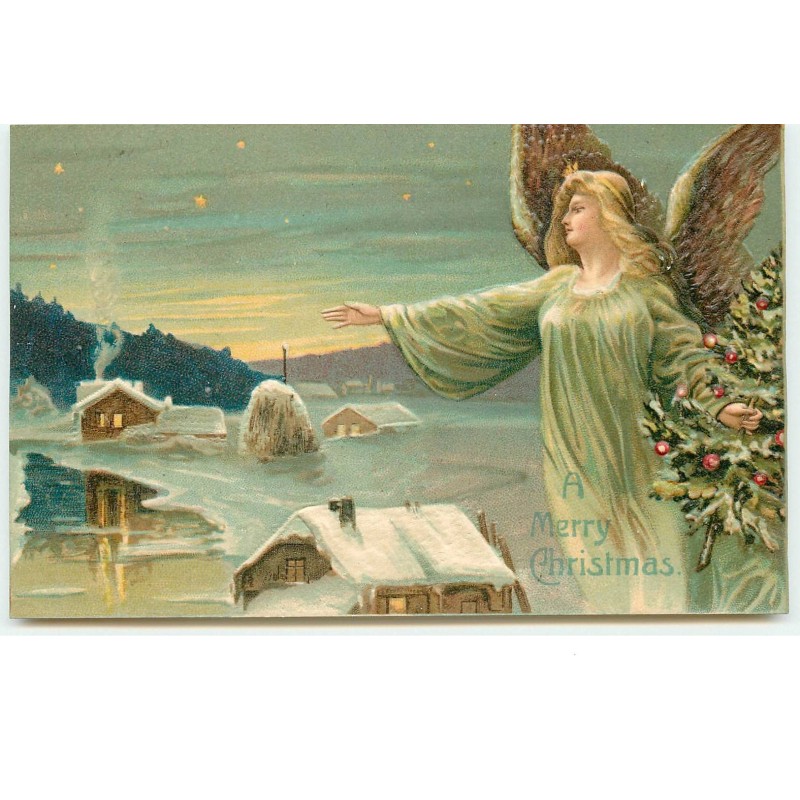 n°16120 - Carte Gaufrée - A Merry Christmas - Ange gardien veillant sur un village