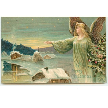 n°16120 - Carte Gaufrée - A Merry Christmas - Ange gardien veillant sur un village