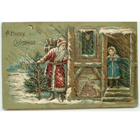 n°16121 - Carte Gaufrée - A Happy Christmas - Père Noël près d'une maison