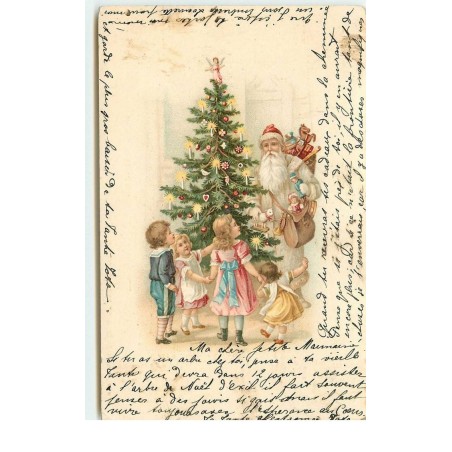 n°16131 - Enfants regardant le Père Noël derrière le sapin