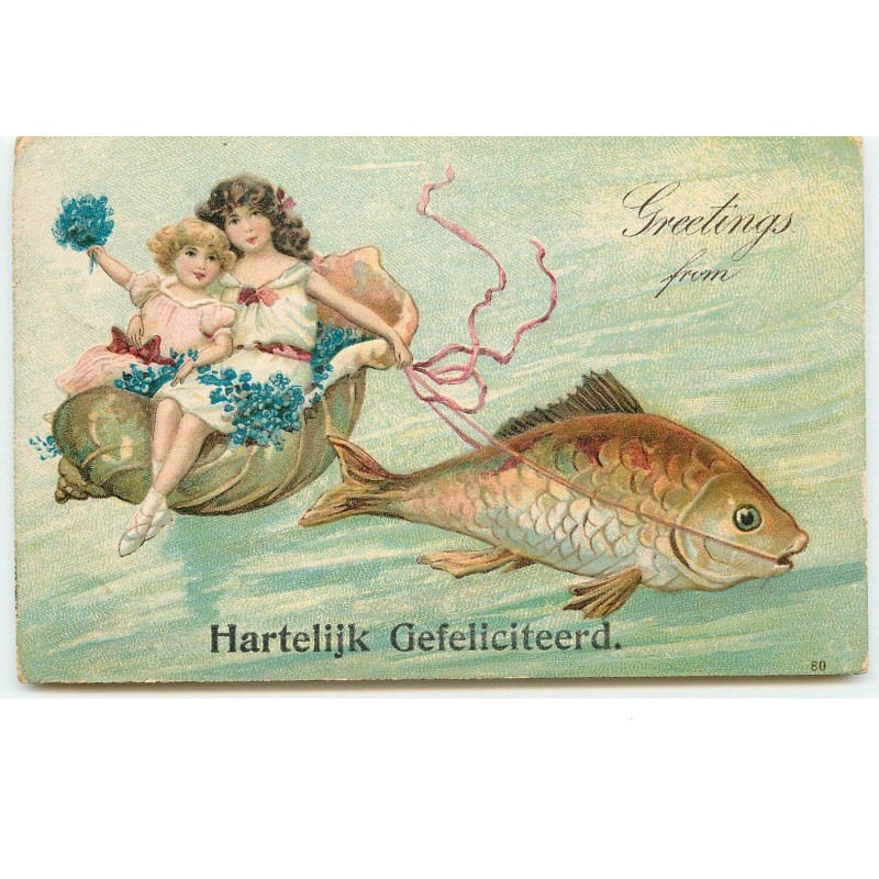 n°16133 - Carte Gaufrée - Greetings from Hartelijk Gefeliciteerd - Jeunes filles dans un coquillage tiré par un poisson