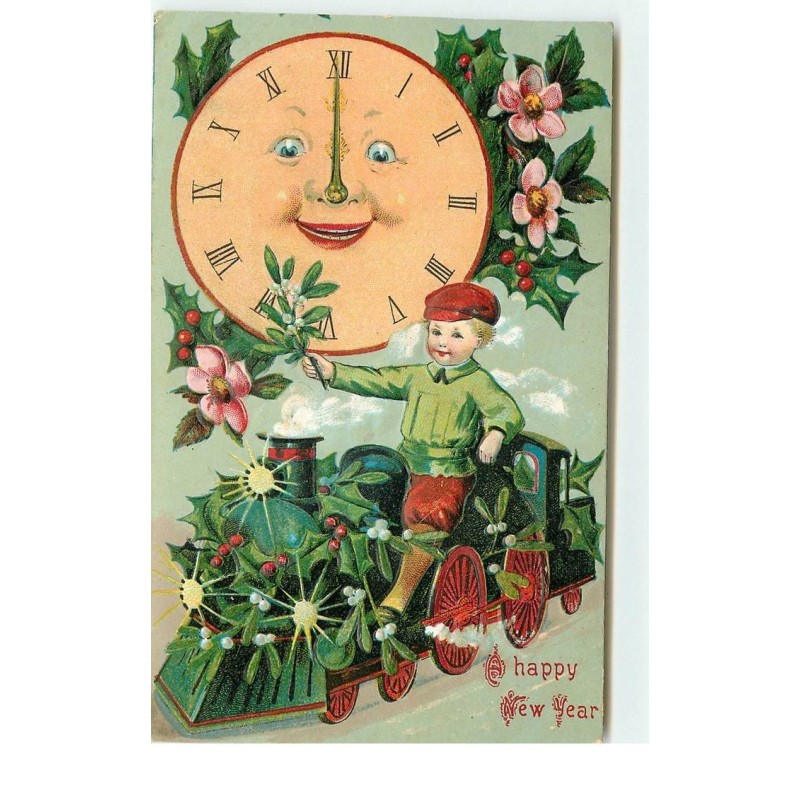 n°16135 - Carte Gaufrée -A Happy New Year - Enfant à sur une locomotive sous une pendule humanisée - surréalisme