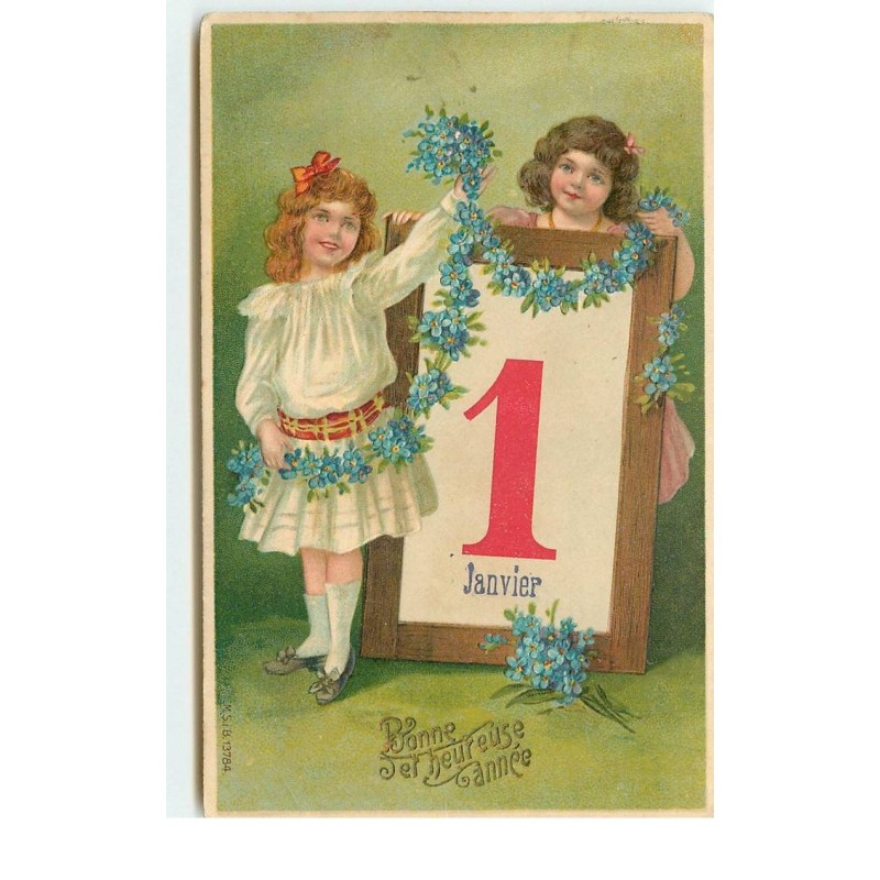 n°16136 - Carte Gaufrée - Bonne et Heureuse Année - Fillettes autour d'un éphéméride