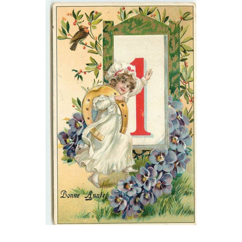 n°16138 - Carte Gaufrée - Bonne Année - Fillette près d'un éphéméride avec un fer à cheval
