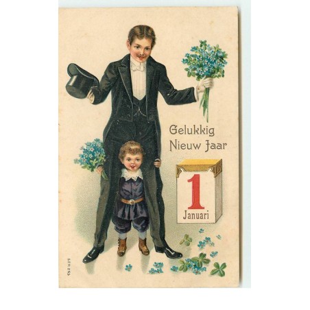 n°16144 - Carte Gaufrée - Gelukkig Nieuw Jaar - Homme en queue de pie et un jeune garçon