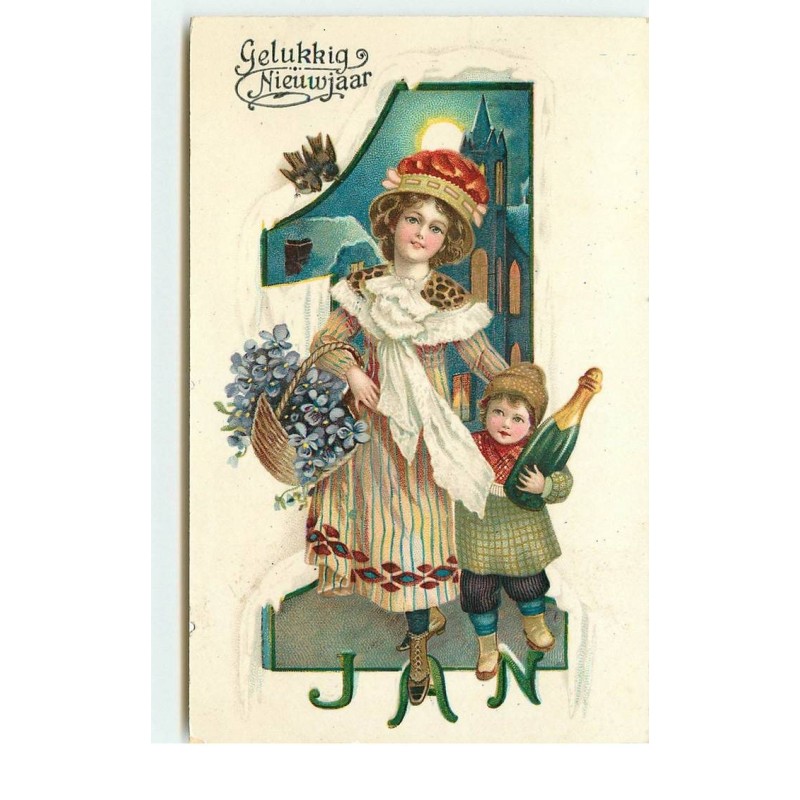 n°16145 - Gelukkig Nieuwjaar - Jeune femme portant un panier rempli de violettes ... champagne