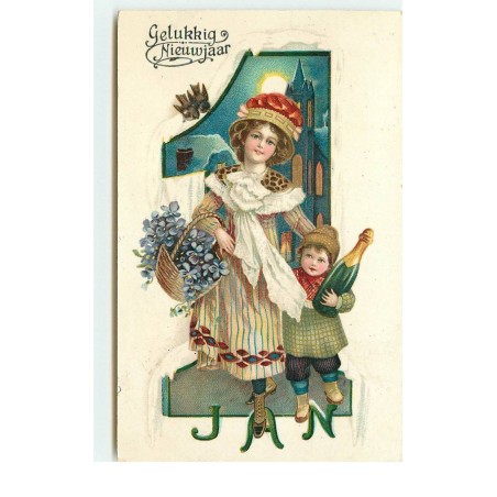 n°16145 - Gelukkig Nieuwjaar - Jeune femme portant un panier rempli de violettes ... champagne