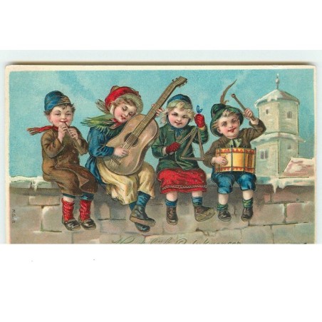 n°16147 - Hartelijk Gelukwensch - Enfants assis sur un mur et jouant de la musique