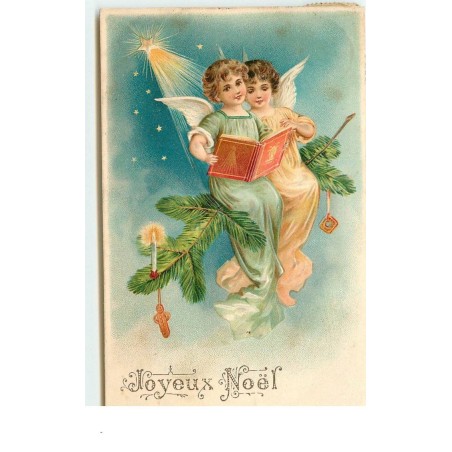 n°16162 - Carte Gaufrée - Joyeux Noël - Anges assis sur une branche de sapin et lisant