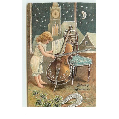 n°16168 - Carte Gaufrée - Gelukkig Nieuwjaar - Enfant jouant du violoncelle