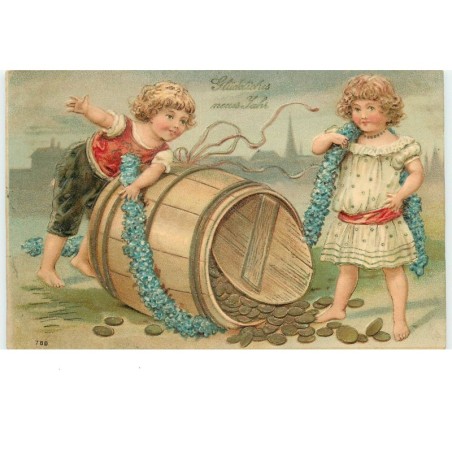 n°16172 - Carte Gaufrée - Glückliches neues Jahr - Enfants autour d'un tonneau rempli de pièces d'or