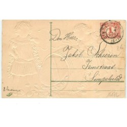 n°16172 - Carte Gaufrée - Glückliches neues Jahr - Enfants autour d'un tonneau rempli de pièces d'or