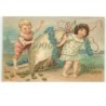 n°16173 - Carte Gaufrée - Prosit Neujahr - Enfants autour d'un sac rempli de pièces d'or