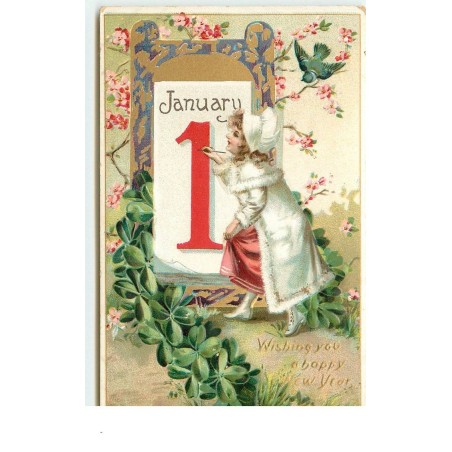 n°16176 - Carte Gaufrée -Wishing you a Happy New Year - Jeune fille près d'un éphéméride