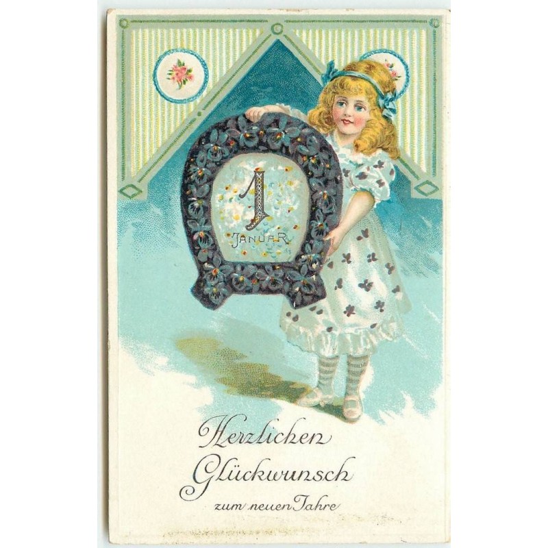 n°16179 - Carte Gaufrée - Herzlichen Glückwunsch zum neuen Jahre - Fillette avec un fer à cheval en fleurs
