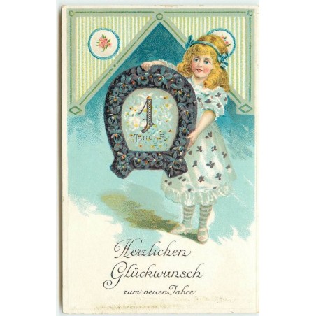 n°16179 - Carte Gaufrée - Herzlichen Glückwunsch zum neuen Jahre - Fillette avec un fer à cheval en fleurs
