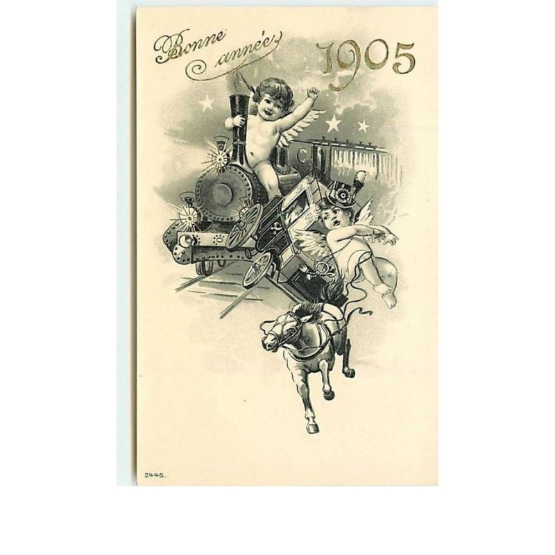 n°10573 - Carte Fantaisie - Bonne Année 1905 - Anges apportant des jouets - train