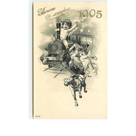 n°10573 - Carte Fantaisie - Bonne Année 1905 - Anges apportant des jouets - train