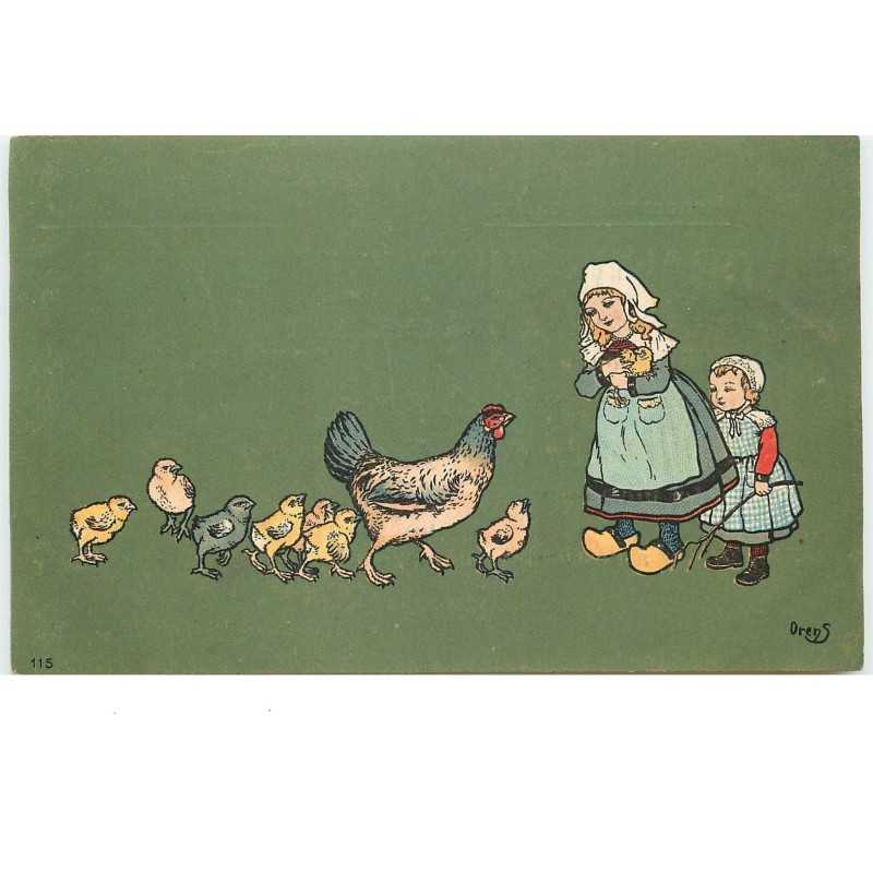n°16207 - Orens - Deux fillettes avec des poules - Grande Chemiserie Moderne Mézan - Boulogne sur Seine