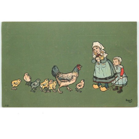 n°16207 - Orens - Deux fillettes avec des poules - Grande Chemiserie Moderne Mézan - Boulogne sur Seine