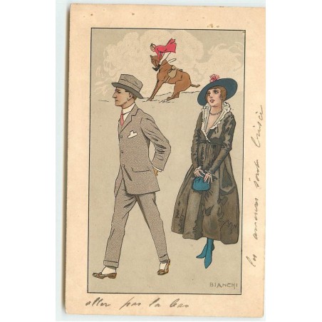 n°16211 - Bianchi - Couple se promenant, avec un cavalier tombant au fond