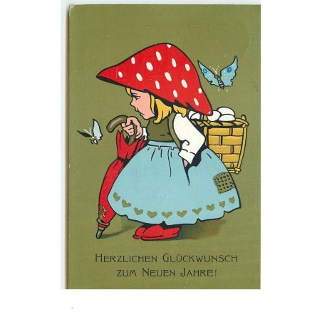 n°16231 - Fillette avec un chapeau champignon et  entourée de papillons
