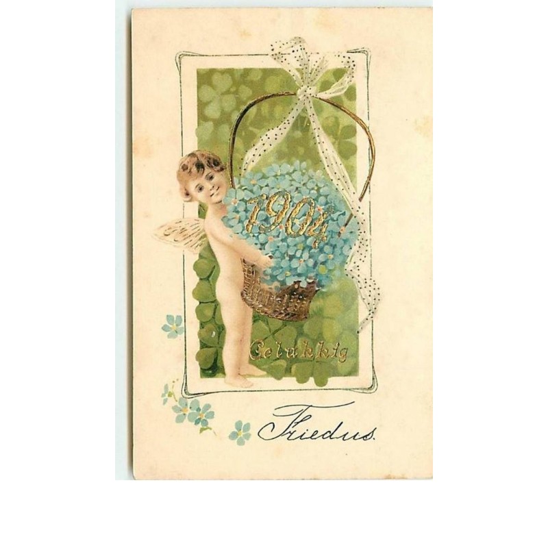 n°10575 - Carte Fantaisie - Gelukkje 1904 - Ange portant un panier rempli de fleurs
