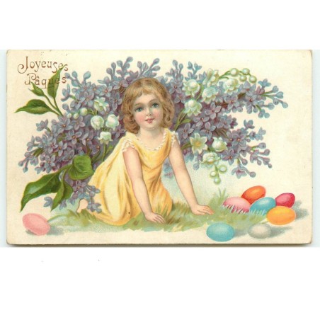 n°16239 - Carte Gaufrée - Joyeuses Pâques - Fillette sous des brins de muguet et du lilas, et près d'oeufs colorés