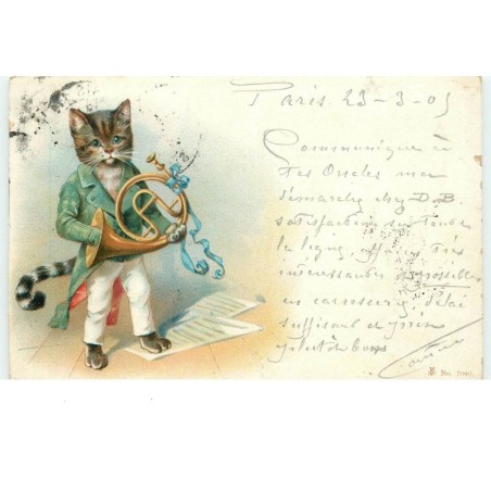 n°16240 - Chat habillé jouant d'un cor de chasse