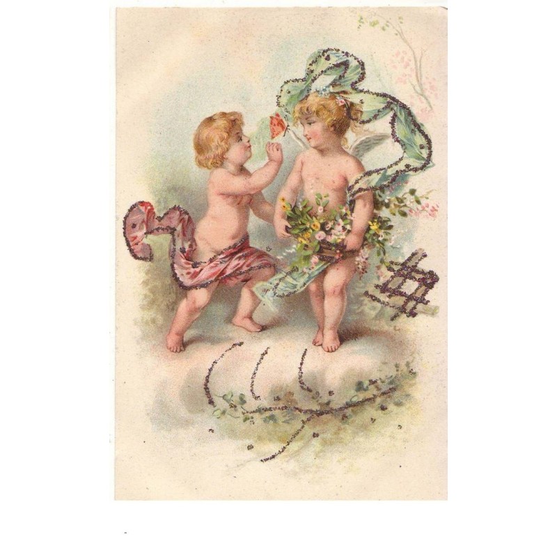 n°16249 - Deux anges avec des fleurs et des voiles décorées de paillettes