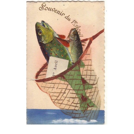 n°16267 - Carte en relief et chromo - Souvenir du 1er Avril - Poissons dans une épuisette