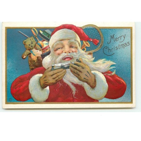 n°16268 - Carte Gaufrée - Merry Christmas - Père Noël portant une hotte remplie de cadeaux