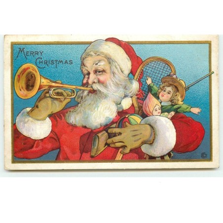 n°16269 - Carte Gaufrée - Merry Christmas - Père Noël jouant de la trompette
