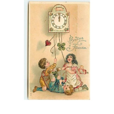n°10579 - Carte Gaufrée - Bonne Année - Enfants jouant avec le balancier d'une pendule