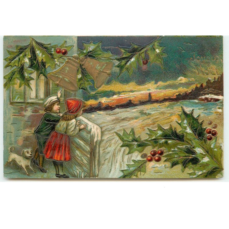 n°16273 - Carte Gaufrée - Joyeux Noël - Enfants regardant un paysage