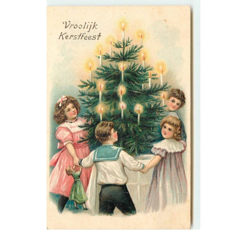 n°16276 - Carte Gaufrée - Vroolijk Kerstfeest - Enfants faisant une ronde autour d'un sapin