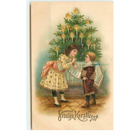 n°16277 - Carte Gaufrée - Vroolijk Kerstfeest - Enfants parlant devant un sapin