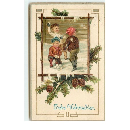 n°16279 - Carte Gaufrée - Fröhe Weihnachten - Garçons faisant une bataille de boules de neige
