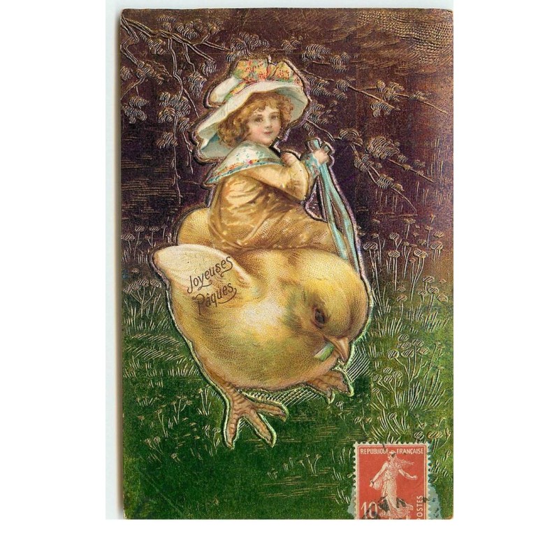 n°16280 - Carte Gaufrée - Clapsaddle - Joyeuses Pâques - Fillette sur un poussin