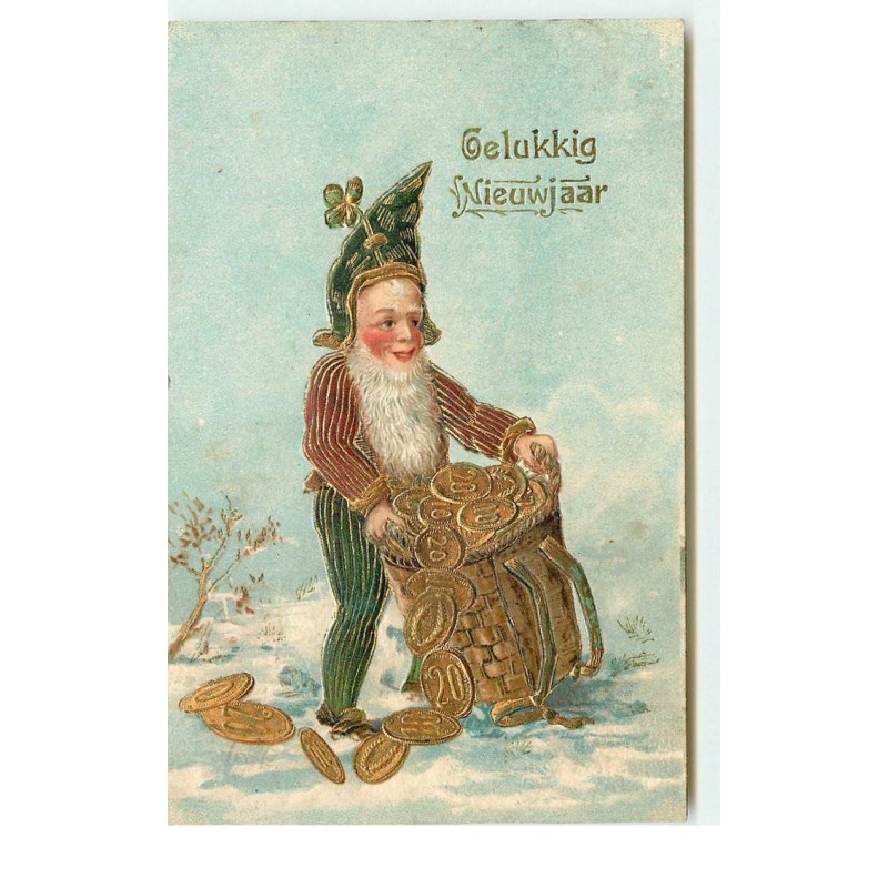 n°16291 - Carte Gaufrée - Gelukkig Nieuwjaar - Lutin avec une hotte remplie de pièces d'or