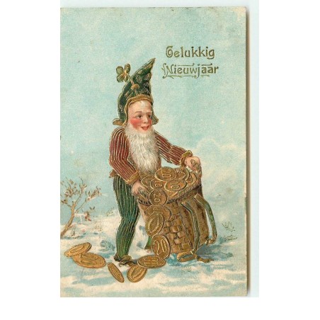 n°16291 - Carte Gaufrée - Gelukkig Nieuwjaar - Lutin avec une hotte remplie de pièces d'or