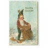 n°16291 - Carte Gaufrée - Gelukkig Nieuwjaar - Lutin avec une hotte remplie de pièces d'or