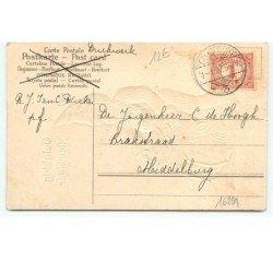 n°16291 - Carte Gaufrée - Gelukkig Nieuwjaar - Lutin avec une hotte remplie de pièces d'or