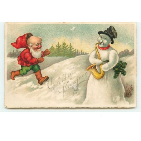 n°16292 - Gelukkig Nieuwjaar - Lutin courrant vers un Bonhomme de Neige jouant du saxophone